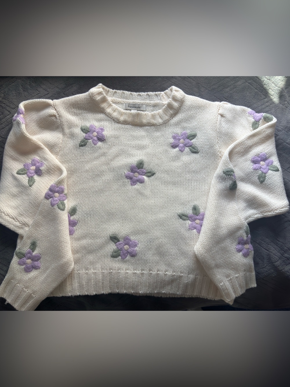 Francesca's Collections Cream Sweater with Lavender Floral Embroidery